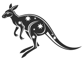 Silhouetted kangaroo logo design, leaping over stylized landscape. This stylized vector graphic features a kangaroo leaping across a stylized landscape, encircled by stars.