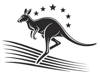 Silhouetted kangaroo logo design, leaping over stylized landscape. This stylized vector graphic features a kangaroo leaping across a stylized landscape, encircled by stars.