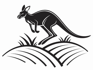 Silhouetted kangaroo logo design, leaping over stylized landscape. This stylized vector graphic features a kangaroo leaping across a stylized landscape, encircled by stars.