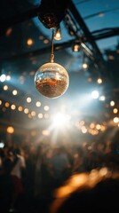 Silver disco ball in nightclub lights