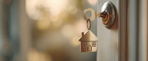 The House Keychain Hanging from a Door Lock on a Warm Sunlit Entryway