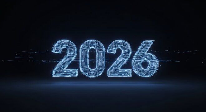 Futuristic digital countdown 2026 projection in virtual environment technology showcase dark conceptual view