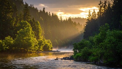 Misty river valley at sunrise
