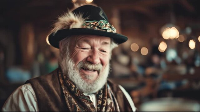 An elderly man smiles joyfully while wearing a traditional hat in a pub during Oktoberfest