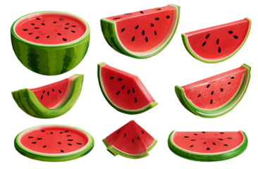 set of watermelon slice icons, 3d icon style, transparent background, png file with white borders for each piece to be cut out and placed on the game character's body in the final render.