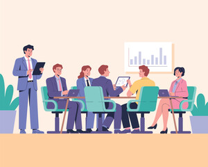 Corporate meeting scene with six professionals collaborating around a table, symbolizing teamwork, strategy, and data-driven decision-making 