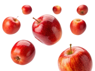 Fresh red apples floating in air, showcasing their vibrant color and shiny skin, evoke sense of freshness and health