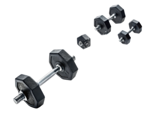 Set of black rubber coated dumbbells arranged in line, showcasing various sizes and weights, ideal for strength training and fitness enthusiasts