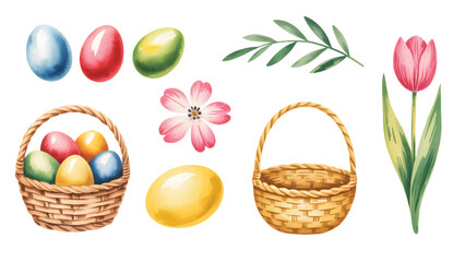 Watercolor easter eggs and spring basket collection.