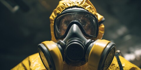 Person in Yellow Hazmat Suit and Gas Mask