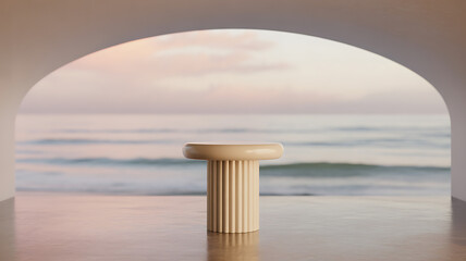 Minimalist Pedestal in Archway Facing Ocean Sunset