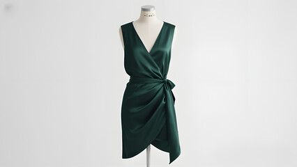 Dark olive silk wrap dress with asymmetric hem on mannequin