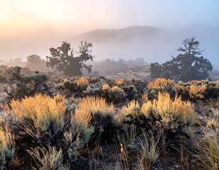 Misty sunrise over desert scrub
