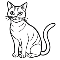 Simple outline drawing of a sitting tabby cat with stripes isolated on white background