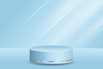 Futuristic 3D Blue Podium with golden strip and Spotlights, Perfect for Technology Concept, Product Display, Mockup, Showroom Showcase, and Modern Design Scene