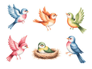 Cute colorful cartoon birds with heart patterns. Playful watercolor bird set for children illustration.