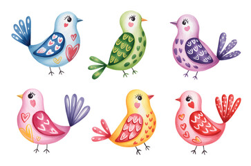 Cute colorful cartoon birds with heart patterns. Playful watercolor bird set for children illustration.