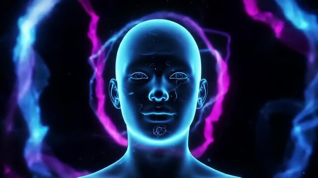 Futuristic Humanoid Figure with Glowing Energy in a Dynamic Abstract Digital Space - Powered by Adobe
