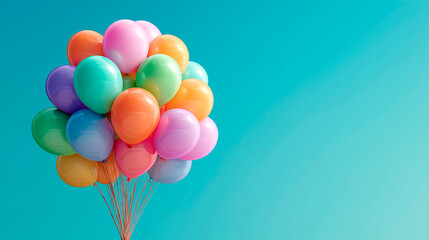 Colorful bunch of helium balloons floating against clear blue sky in minimal bright composition