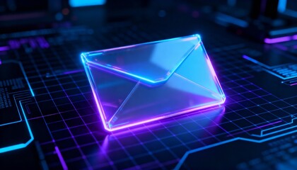Futuristic holographic cybersecurity envelope with glowing neon aura on dark cyber background, digital data protection concept, secure email technology, virtual encryption and online communication