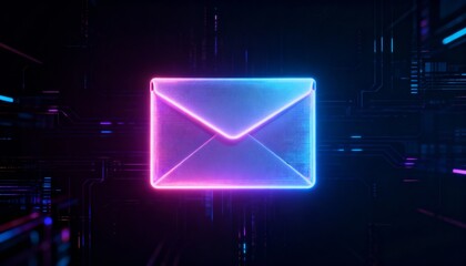 Futuristic holographic cybersecurity envelope with glowing neon aura on dark cyber background, digital data protection concept, secure email technology, virtual encryption and online communication
