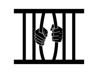 Prisoner hands holding jail bars silhouette. symbolizing imprisonment, punishment, and confinement.