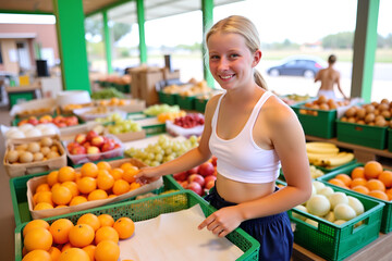 Young woman, teenage girl, buys fresh fruit and vegetables at a weekly market to eat healthily and stay fit.