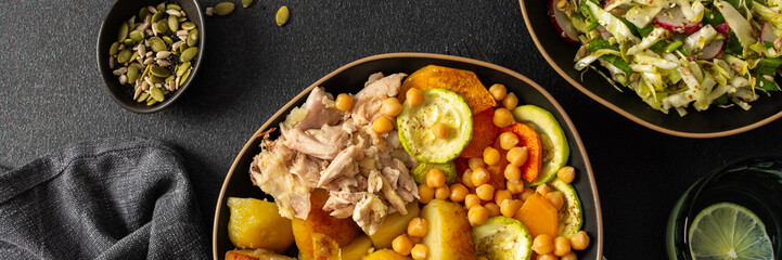 Enjoy a colorful and nutritious breakfast with baked sweet potato, carrots, zucchini, chicken breast, lentil cutlets, fresh salad, banner