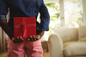 Boy holding red gift box behind back in living room near window showing green foliage