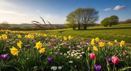 Vibrant Spring Meadow with Daffodils and Wildflowers under a Blue Sky.