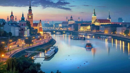 Fototapeta premium City river panorama at twilight