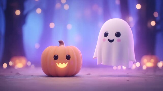 A charming ghost hovers beside a smiling pumpkin in a magical forest. Glowing lights create a festive and whimsical Halloween atmosphere during the night