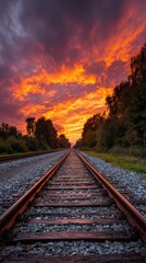Fototapeta premium A breathtaking railway track extends into a fiery sunset, bathed in vibrant hues of orange and purple.