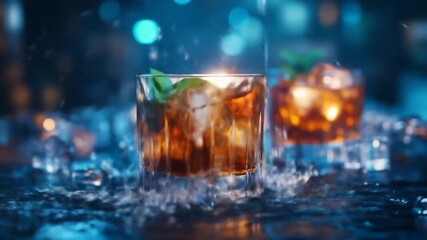 Close-up of a cocktail glass filled with amber liquid, ice cubes, and fresh mint. A dimly lit background with bokeh lights creates a vibrant atmosphere - Powered by Adobe