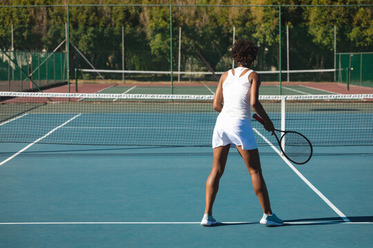 African American adult female tennis player standing on hard court at net holding racket