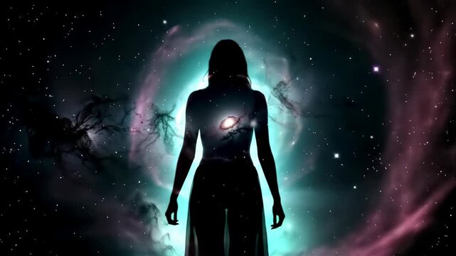 Mystical silhouette of a woman standing against a captivating backdrop of the cosmos