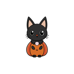 Cute cartoon black cat dressed as a pumpkin isolated on white background