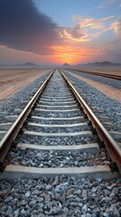 Fototapeta premium A dramatic desert sunrise illuminates a long stretch of railway tracks, extending into the distance.