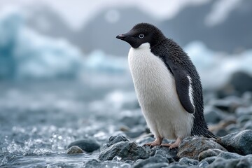 Obraz premium A penguin standing on a rocky beach next to the ocean