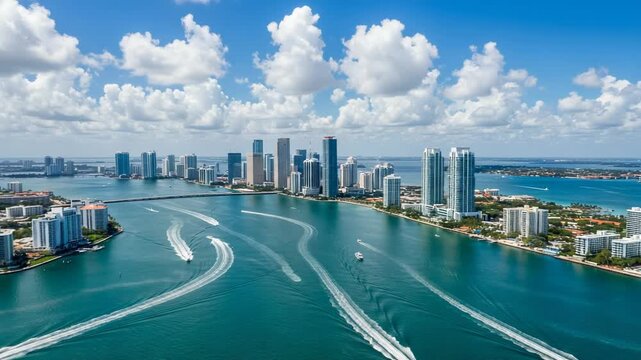 Miami skyline with boats on the water under a blue sky