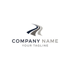 Minimalist logo design featuring a winding road icon in dark and light grey, with placeholder text for company name and tagline, set against a white background.