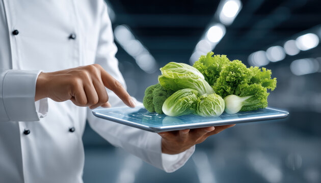 Chef holding tablet with fresh lettuce and broccoli linking food technology in smart kitchen - Powered by Adobe