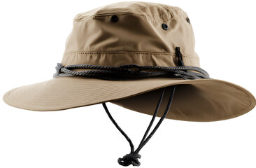 water object, bucket hat, tan in color with a black chin strap cord and eye. transparent background png file of the boonie cap.