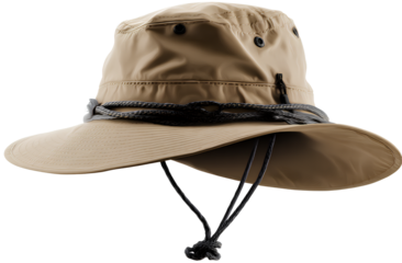 water object, bucket hat, tan in color with a black chin strap cord and eye. transparent background png file of the boonie cap.