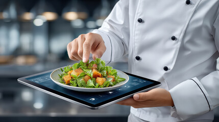 Chef prepares fresh salad with food and technology integrated tablet service