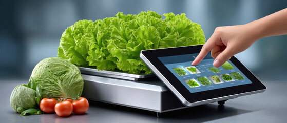 Fresh lettuce on smart scale with food technology touch interface showing produce options