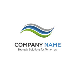 Company logo with abstract wave design in blue, green, and gray.