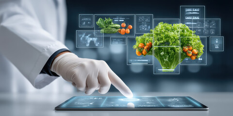 Smart food technology lab interface with fresh lettuce and tomatoes showcased digitally