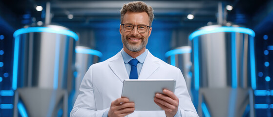 Scientist in lab using tablet blending food and technology innovation with confident expression