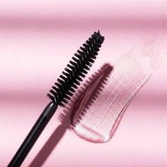 Close-up of a mascara wand with a pearlescent swatch on a soft pink background, highlighting makeup application and beauty.